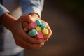 Closeuop childs hands holding colored chalks for drawing. Royalty Free Stock Photo