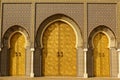 Closeup of 3 Ornate Brass and Tile Doors to Royal Palace in Fez, Morocco Royalty Free Stock Photo