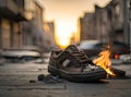 Abandoned shoes on dirty road in city ruins landscape destroyed by war. Generated with AI Royalty Free Stock Photo