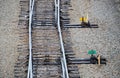 Closeup from above of a railroad track switch Royalty Free Stock Photo