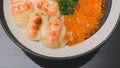 Aburi Hotate Salmon Donburi with Mentaiko sauce. Royalty Free Stock Photo