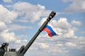 A closeup of an Acacia 2S3 cannon with a Russian flag Royalty Free Stock Photo