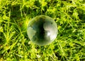 Closeup of an Acrylic Crystal Ball with the world map on the grass