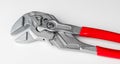 Tongue-and-groove slip-joint pliers detail with movable jaw on white background