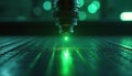 Closeup of advanced laser cutting machine head with bright green beam focused on metal surface. Precision engineering for modern Royalty Free Stock Photo