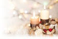 Closeup of Advent wreath with two burning candle and Christmas lights in background