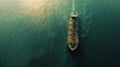 A closeup aerial shot of one particular ship as it sails through the calm waters of the aroundtheclock biofuelpowered