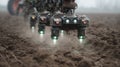 A closeup of the agribots advanced sensor array glistening with dew hovering above freshly tilled soil as it prepares Royalty Free Stock Photo