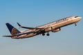 Closeup of an airplane of United Airlines departing the Phoenix Sky Harbor Airport