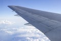 Closeup of an airplane wing flying on a beautiful cloud field Royalty Free Stock Photo