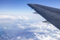 Closeup of an airplane wing flying on a beautiful cloud field Royalty Free Stock Photo