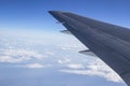 Closeup of an airplane wing flying on a beautiful cloud field Royalty Free Stock Photo