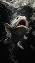 Closeup of an albino fish with its mouth open, roaring in front