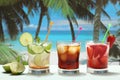 Alcoholic cocktails with fruit on the beach Royalty Free Stock Photo