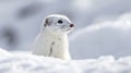 Closeup of an alert ermine with its white winter coat blending seamlessly into the snowy terrain its nose twitching as