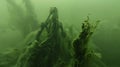A closeup of the algae bloom its tendrils reaching upwards like a tangled web. The water is a sickly shade of green and