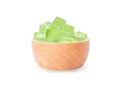 Closeup aloe vera cube gel in wooden isolated on white background, Skin care and spa beauty concept