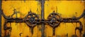 a close up of a yellow door with chains on it Royalty Free Stock Photo