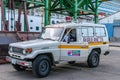 Closeup of ambulance vehicle at harbor of Corinto, Nicaragua