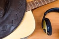 Closeup American Country music background with guitar and cowboy hat Royalty Free Stock Photo