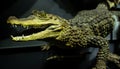 Closeup of an American crocodile figure on the display in a museum under the lights