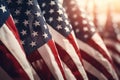 Closeup of American flag on blurred background. USA Independence Day concept, Closeup of an American flag in a row, Memorial day, Royalty Free Stock Photo