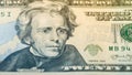 Closeup American money twenty dollar bill. Andrew Jackson portrait, US 20 dollar banknote fragment macro Royalty Free Stock Photo