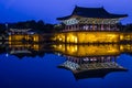 Closeup of Anapji pond with the Wolji palace in Gyeongju, South Korea Royalty Free Stock Photo