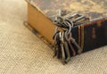 Closeup of ancient keys on old folio. Secret studies concept. Historical studies concept Royalty Free Stock Photo
