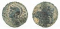 Closeup of an ancient Roman copper coin of Vrbs Roma.