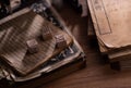 Closeup of ancient thread-bound books with Chinese characters, movable type printing. Royalty Free Stock Photo