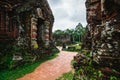 Closeup of ancient walls of the Ruins of My Son Hindu temple complex in Quang Nam, Vietnam Royalty Free Stock Photo