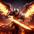 closeup of an angelic golden paladin knight or archangel with flaming sword doing battle