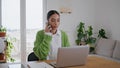 Closeup angry businesswoman ending call home office. Stressed woman calming down