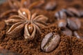 Closeup of anise and coffee beans with roasted coffee heap Royalty Free Stock Photo