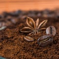 Closeup of anise and coffee beans with roasted coffee heap. Royalty Free Stock Photo