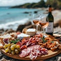 Closeup Antipasto platter with prosciutto crudo or jamon, salami, olives and white wine on a wooden board on the background of the