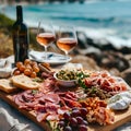 Closeup Antipasto platter with prosciutto crudo or jamon, salami, olives and white wine on a wooden board on the background of the