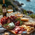 Closeup Antipasto platter with prosciutto crudo or jamon, salami, olives and white wine on a wooden board on the background of the