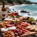 Closeup Antipasto platter with prosciutto crudo or jamon, salami, olives and white wine on a wooden board on the background of the