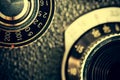 Closeup of apart of old film cameras with free copy space, vintage background. Royalty Free Stock Photo