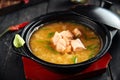 Ishikari miso soup with salmon in a black bowl Royalty Free Stock Photo