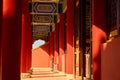 Closeup of archictural designs of red Asian-style buildings on a sunny day