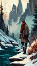 Closeup arctic explorer walks along man backpack standing snowy bank advanced digital wanderers traveling afar wearing red