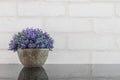 Closeup artificial purple plant on pot for decorate on black glass table and white brick wall textured background with copy space