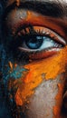 Closeup Artistic Abstract Poster Womans Eye Orange Blue Paint Warrior Girl Banner Arts Cultures Indian Brown Skin