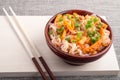 Closeup Asian dish of rice noodles and vegetable sauce Royalty Free Stock Photo
