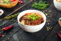 Asian ramen noodle soup with mushroom and beef Royalty Free Stock Photo