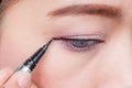 Closeup asian woman applying eyeliner on eye Royalty Free Stock Photo