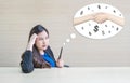 Closeup asian woman working with thinking face to business collaboration for money with pencil in her hand on blurred wooden desk Royalty Free Stock Photo